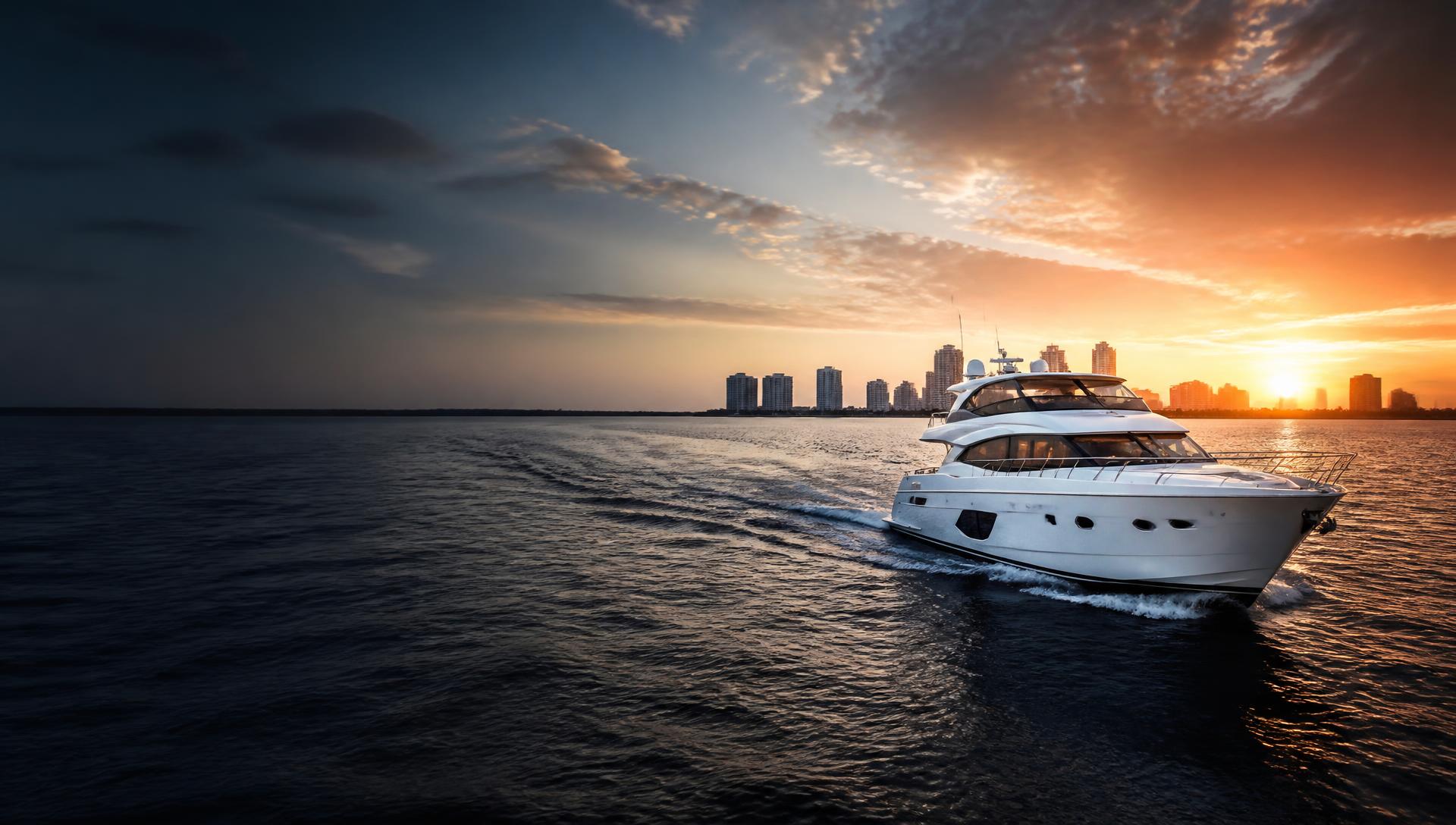 A motor yacht near the South Florida skyline