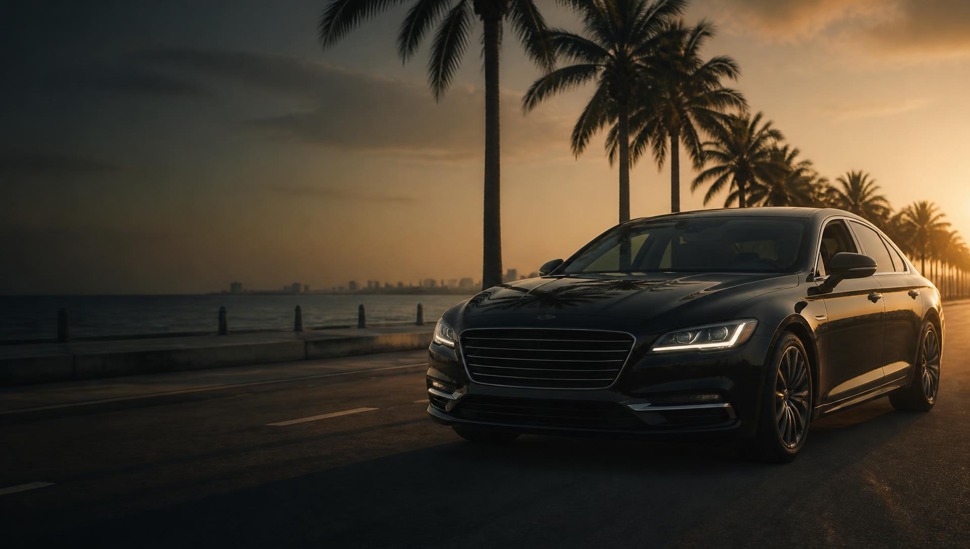 A car on a palm-lined coastal road